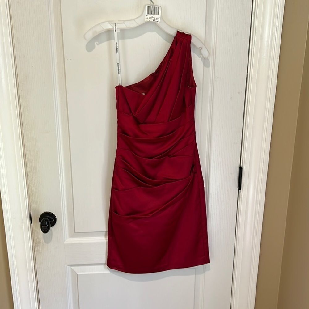 David’s Bridal apple red one shoulder dress
